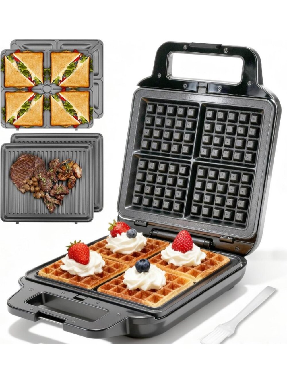 3-in-1 Belgian Waffle Maker & Panini Grill - Removable Plates, Electric Griddle